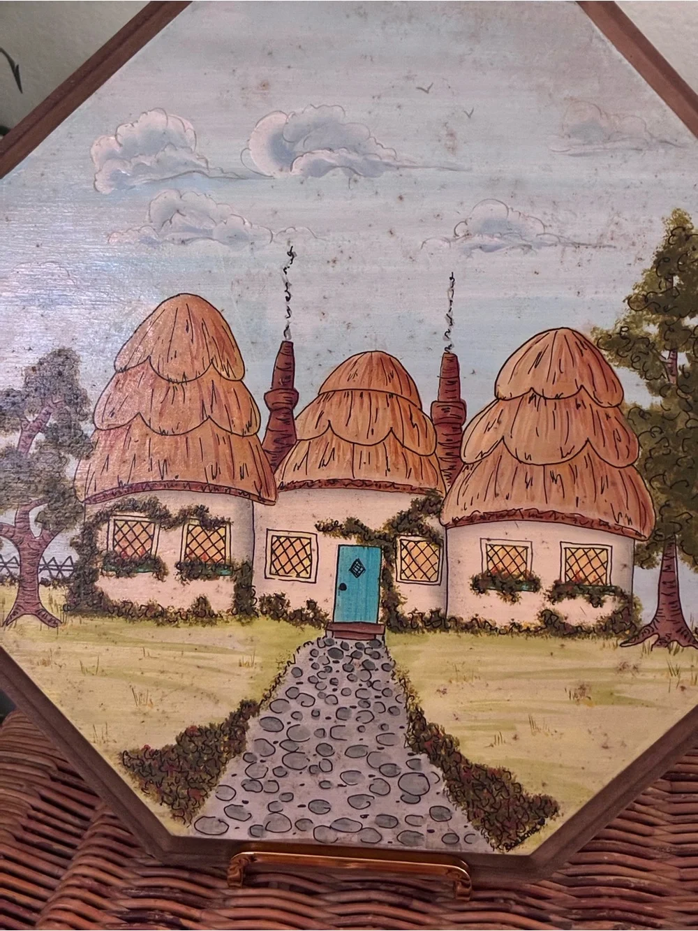 Charming Hand-Painted Octagonal Cottage Wall Art - Teal Door